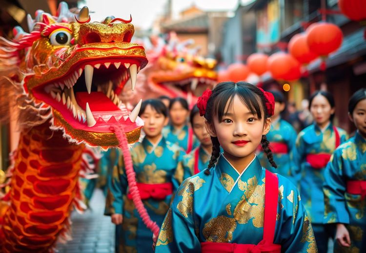 Célébration du Nouvel An chinois en habits traditionnels, procession dragon