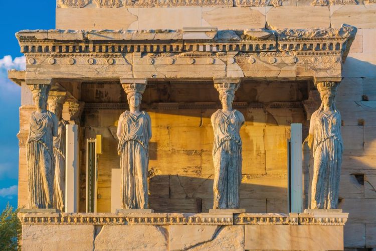 Détail de l'architecture de l'ancien bâtiment Erechteion de l'Acropole, Athènes, Grèce