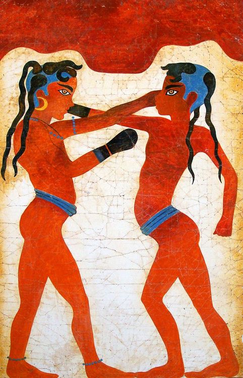 Fresque des boxeurs, découverte sur l’ancienne Akrotiri, conservée au Musée préhistorique de Fira