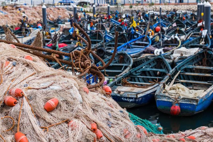 Filets de pêche de bateaux au port d'Agadir
