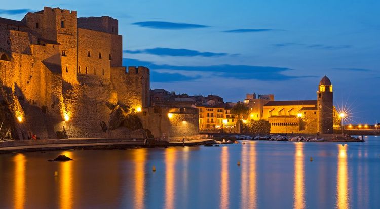 Collioure lit up at night