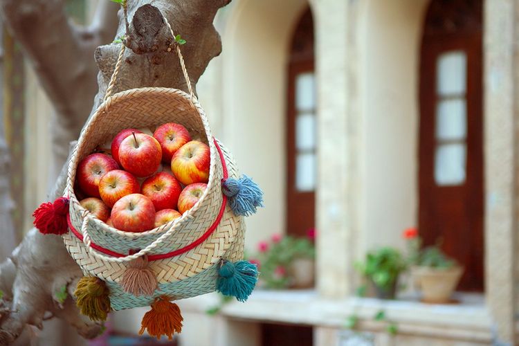 Un panier de pommes est accroché à l'occasion du Nouvel An iranien (Nowruz)