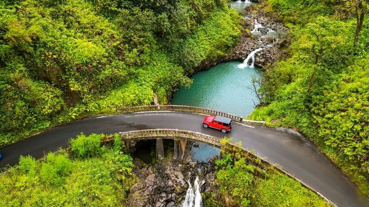 Vue de haut sur les cascades de Maui et l'un des fameux ponts qui mène à Hana